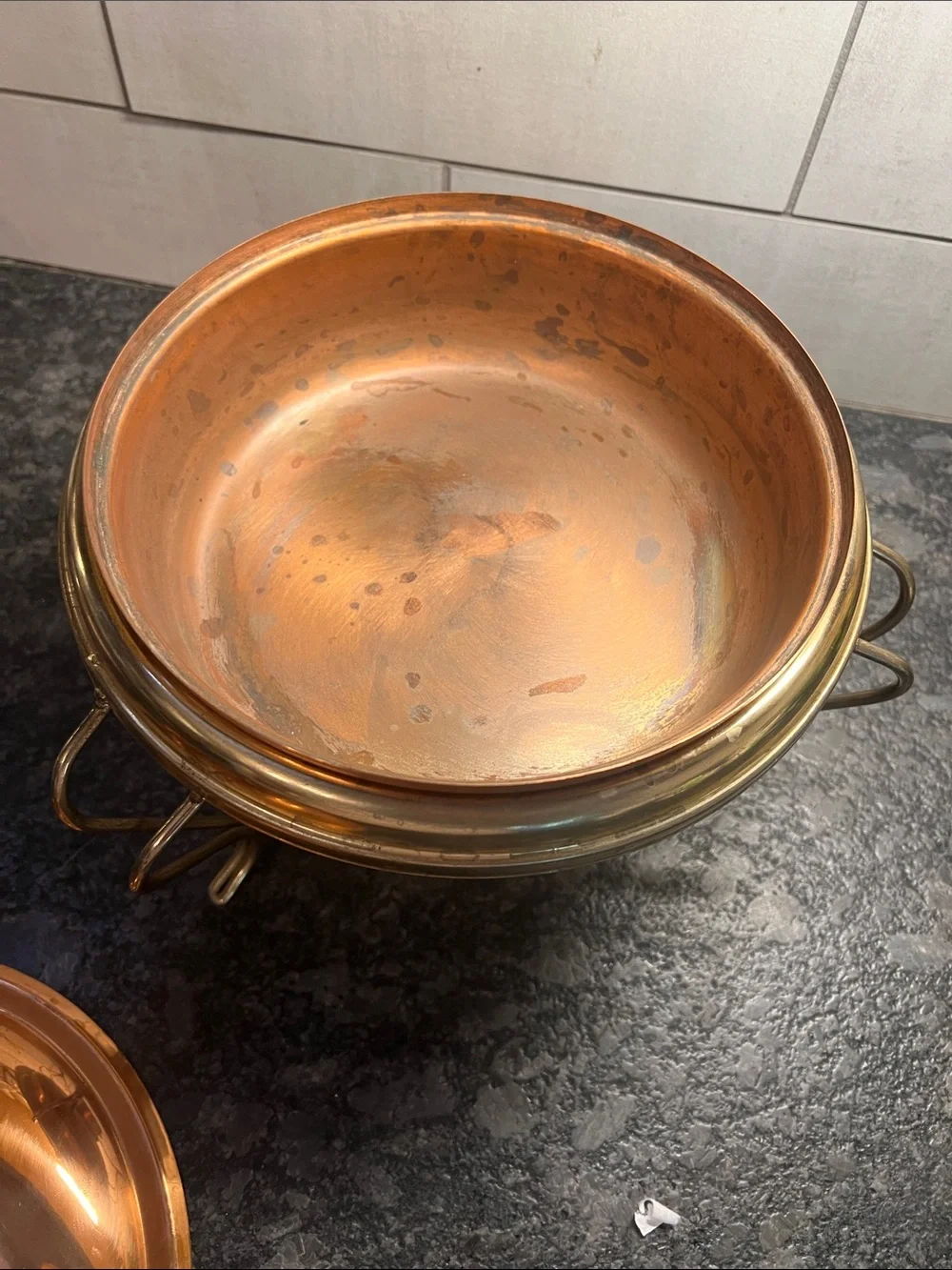 Large copper wood handled fondue pot on stand. Parties, get togethers.
